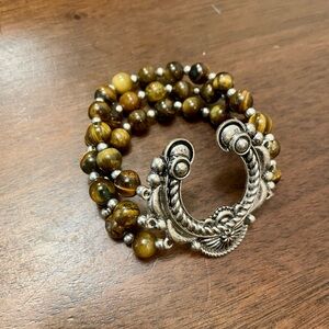 Tiger’s Eye Beaded Bracelet w/ Western Horseshoe Silver Tone Cuff